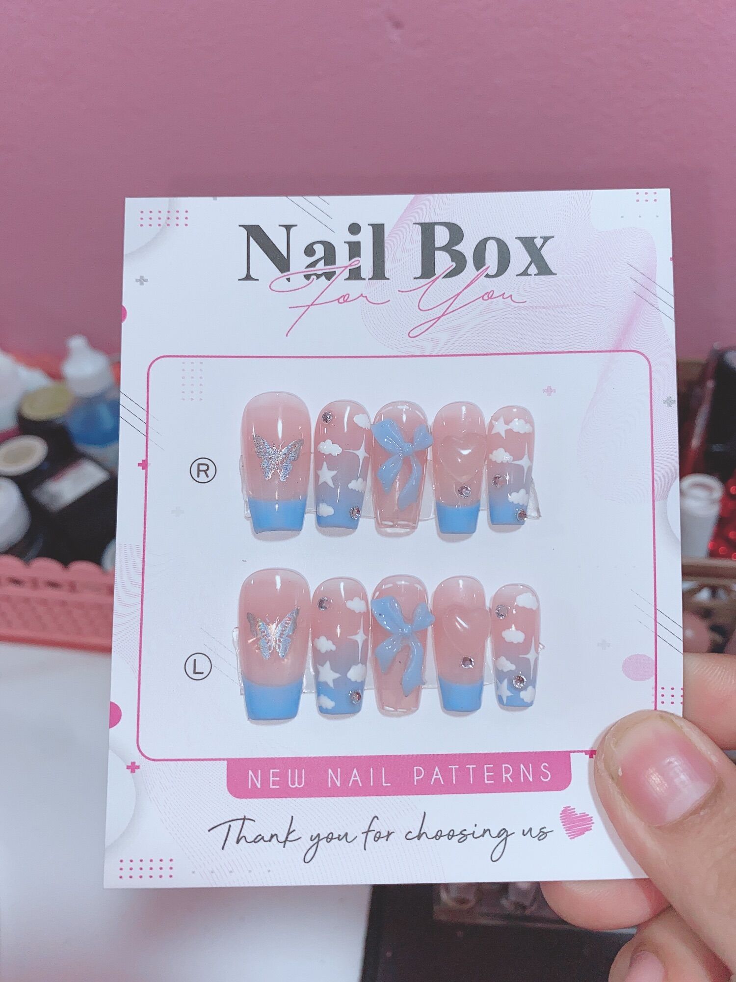 Nailbox thiết kế theo yêu cầu- mẫu nail hồng thạch tone xanh