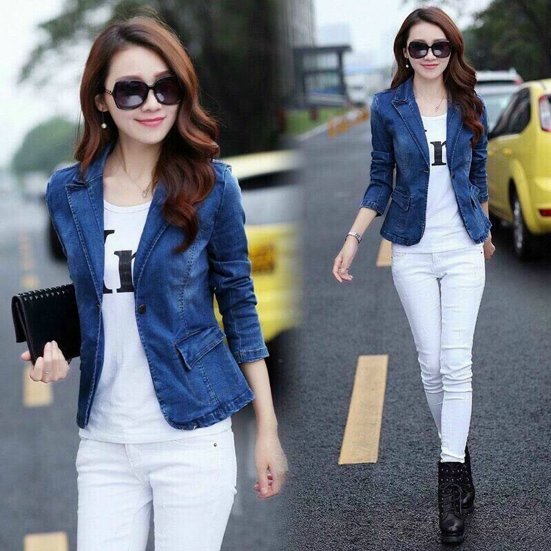 Áo khoác jean nữ cổ vest sang trọng thanh lịch