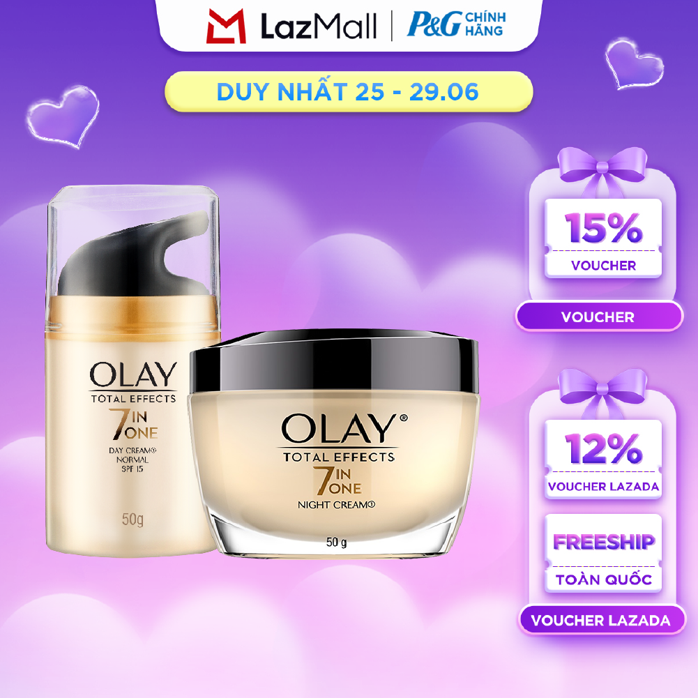 Combo Kem Dưỡng Ban Ngày OLAY TOTAL EFFECTS Phục Hồi  Làm Chậm 7 Dấu Hiệu Lão Hóa Dịu Nhẹ SPF 15 Hũ 50G + Kem Dưỡng Ban Đêm OLAY TOTAL EFFECTS Phục Hồi  Làm Chậm 7 Dấu Hiệu Lão Hóa Hũ 50G