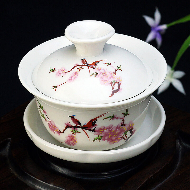 Zhan Wang Ceramic Sancai Gaiwan Tea Cup Kung Fu Tea Set Large Blue and White Porcelain Tea Brewing Bowl Tea Cup White Porcelain Household