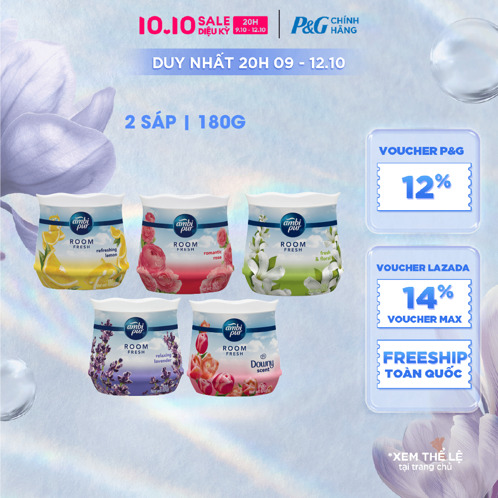 [Voucher 12%] Combo 2 Sáp Thơm AMBI PUR Khử Mùi Khó Chịu Hương Downy/ Oải Hương/ Hoa Tươi Mát/ Hoa Hồng/ Chanh/ Sả/ Thư Giãn Hộp 180G