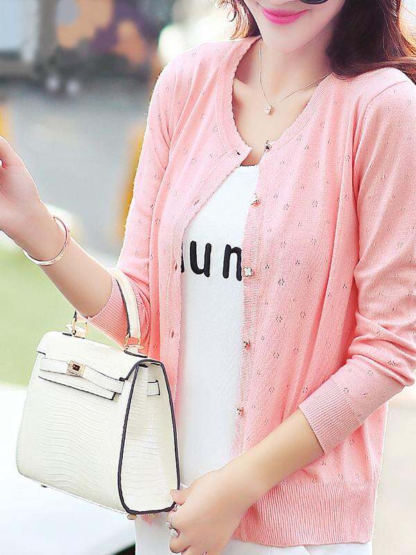 Áo Len Cardigan Dệt Kim Ngắn Tay Dài Mùa Xuân Cho Nữ Áo Khoác Ngoài Mỏng Mùa Đông Mới Áo Len Dệt Kim Hở Vai Nhỏ Thoáng Khí