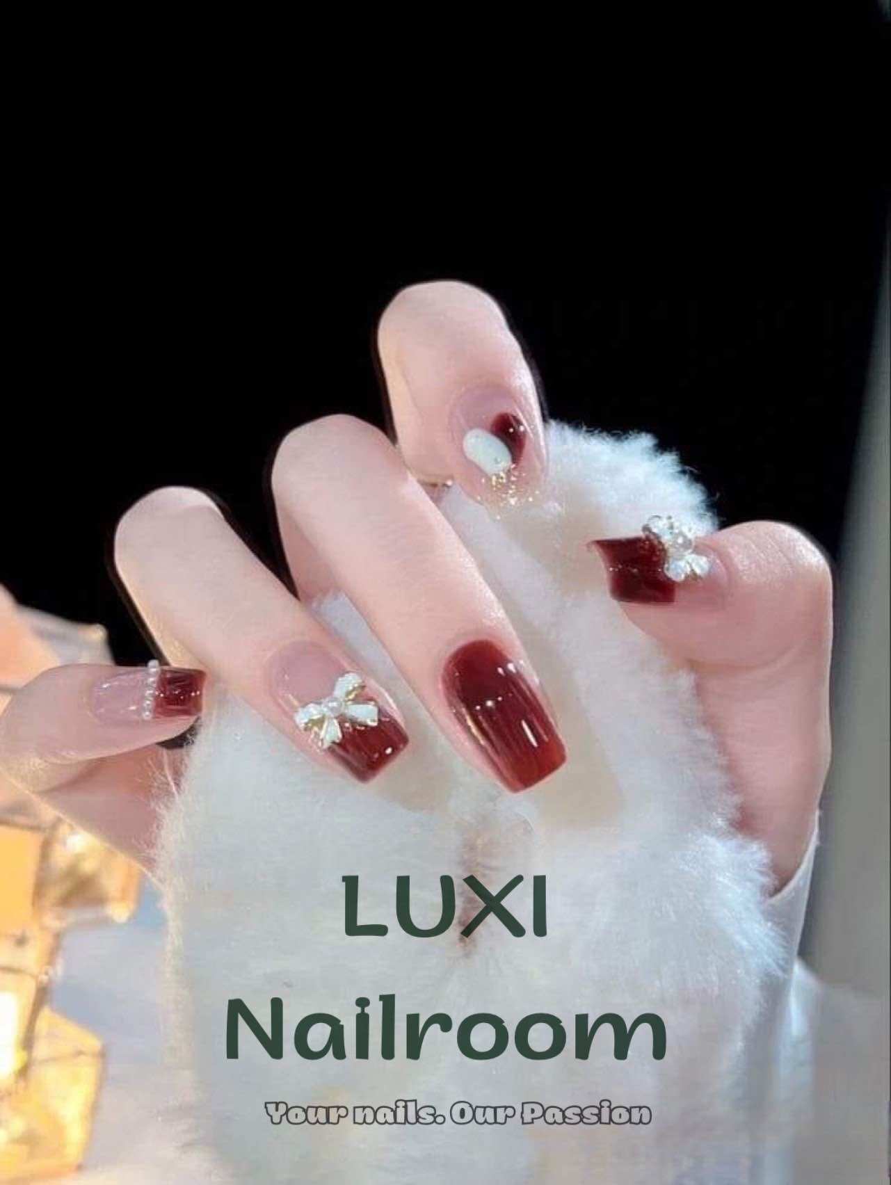 Nailbox - móng úp thiết kế mẫu đen - đỏ charm nơ
