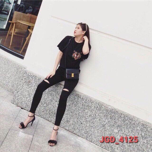 Jeans dài lưng cao co giãn rách