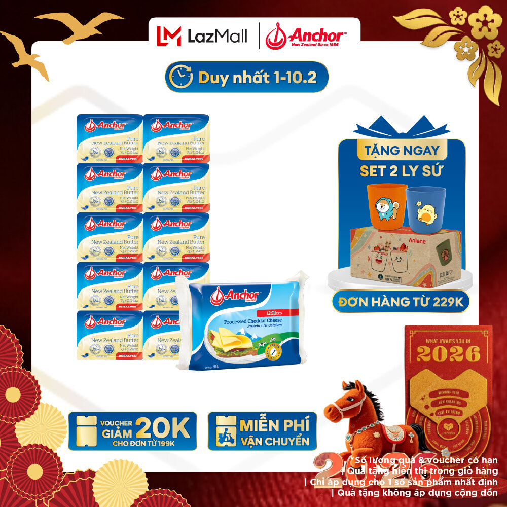 [GIAO HÀNG HỎA TỐC - HCM] [Combo Làm Bánh Mì Nướng] Bơ Vỉ Anchor (7Gx10) + Phô Mai Lát Anchor 200G