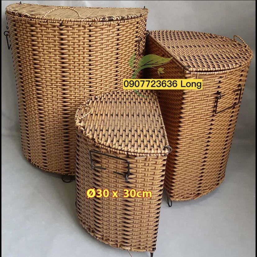 Sọt nhựa đan giả mây tre hình bán nguyệt có nắp đậy size Nhỏ - Trung - Lớn - đựng quần áo vật dụng gia đình
