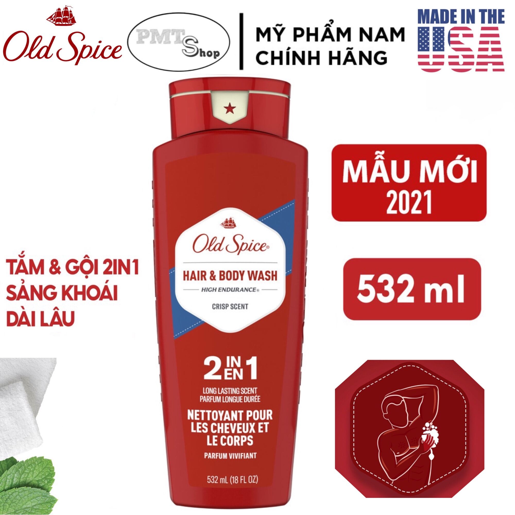 [USA] Sữa tắm gội nam 2in1 Old Spice High Endurance Hair + Body Wash 532ml - Mỹ nhập khẩu