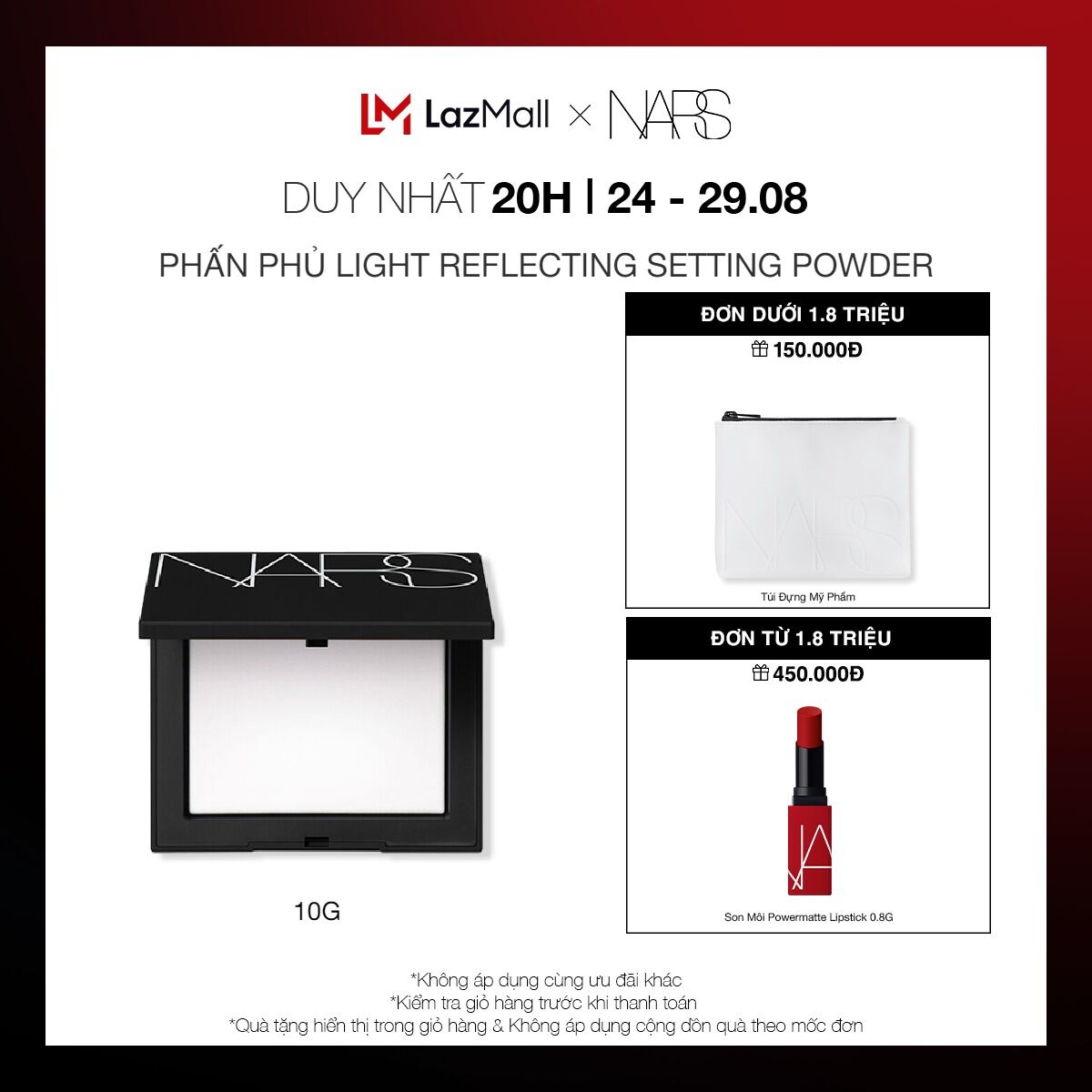 [20H | 24-29.08 | QUÀ TẶNG ĐẾN 450K] Phấn phủ dạng nén NARS Light Reflecting Setting Powder Pressed 10g