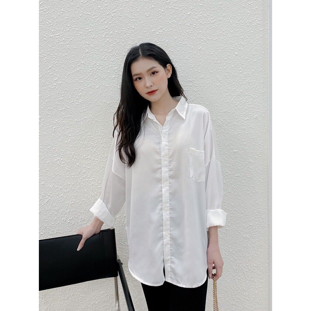 Áo sơ mi trắng basic túi ngực dáng rộng Lumii