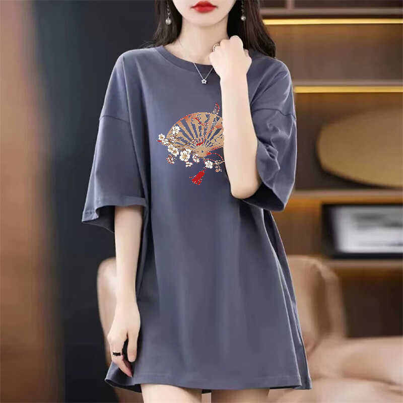 Áo Thun Nữ Tay Ngắn Phong Cách Trung Quốc, Áo Thun in Họa Tiết Mùa Hè, Cổ Tròn, Dài Vừa Phải, Thường Ngày, Tay Ngắn, Trung Tính