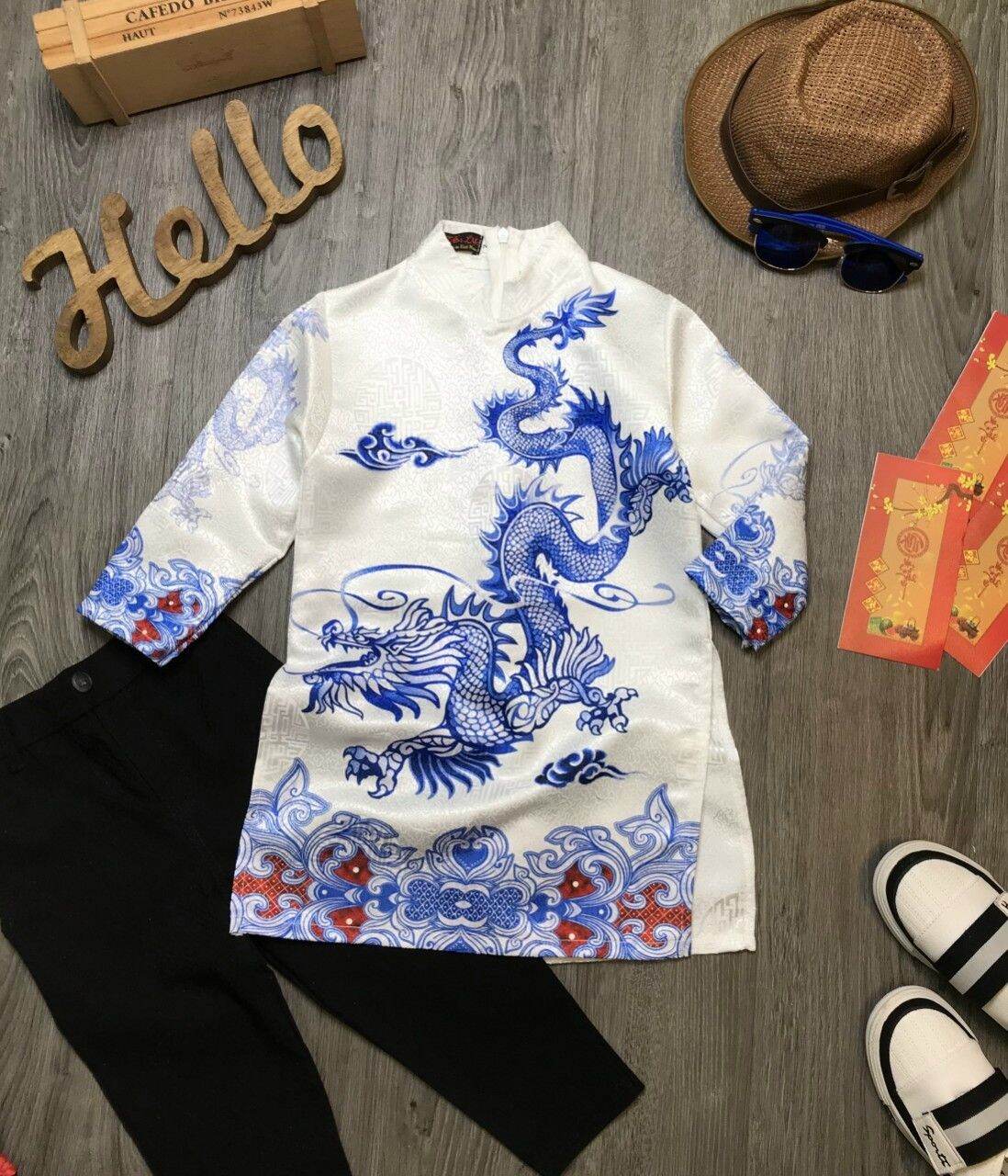 áo dài cách tân bé trai kèm quần kaki