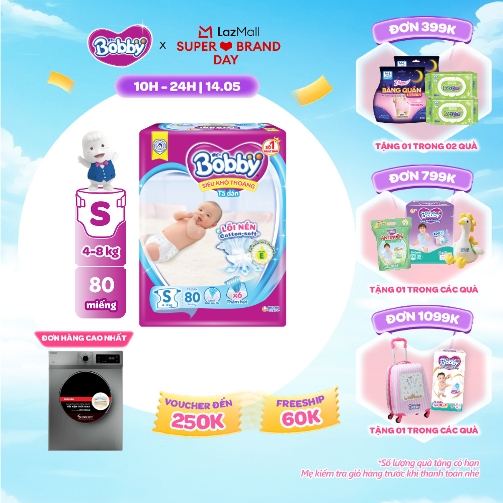 [SALE GIỮA THÁNG tặng QUÀ TO-SLCH]Tã dán sơ sinh Bobby S80 mới- Lõi nén thần kỳ 3mm