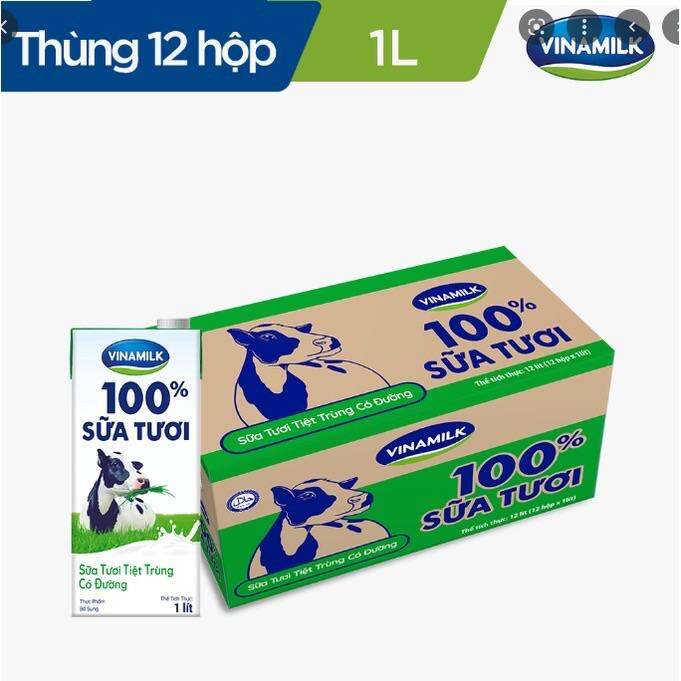 Thùng 12 hộp sữa Vinamilk 100 sữa tươi không đường có đường ít đường hộp 1 Lít