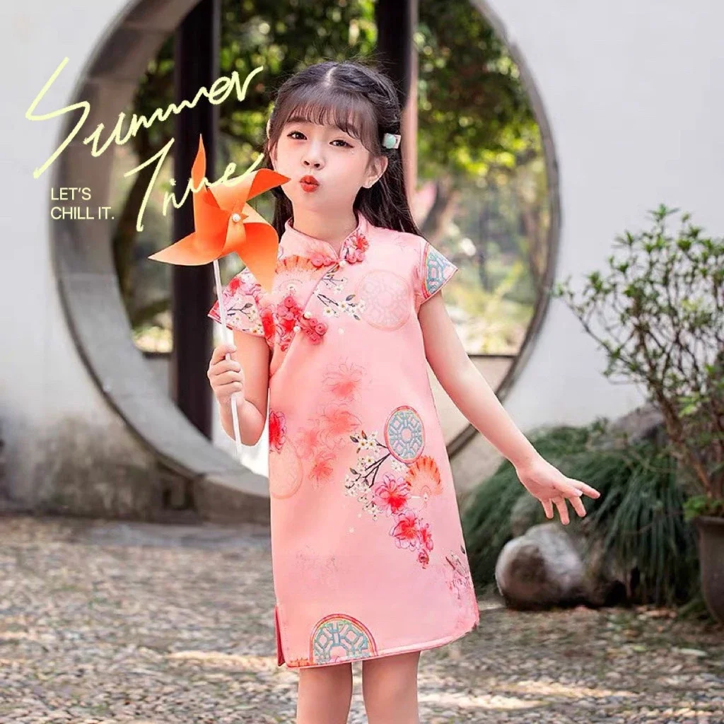 Váy sườn xám hồng vải lụa xịn xò cho bé 10-30kg
