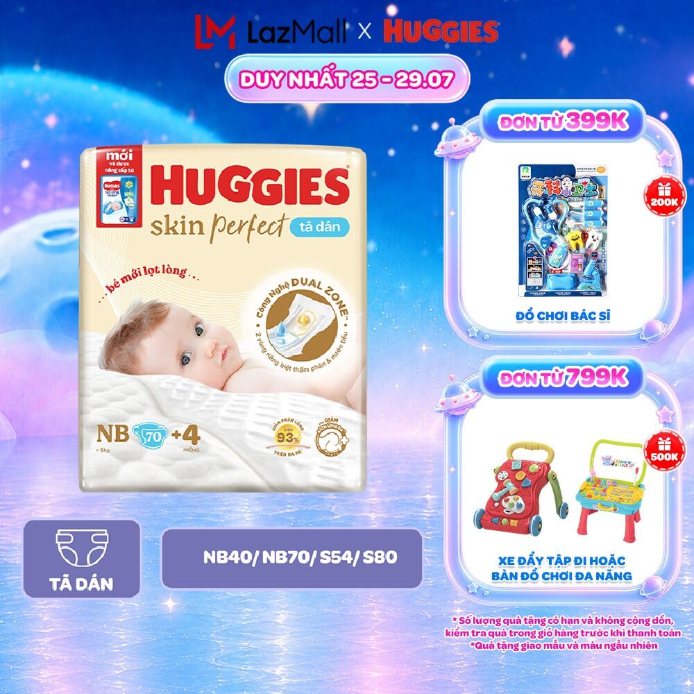 Tã/Bỉm Dán Sơ Sinh Huggies Skin Perfect NB/S/M với 2 Vùng Thấm Giảm Kích Ứng Da