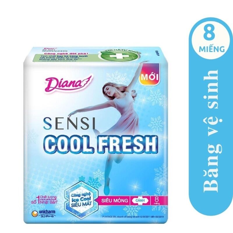 lốc 6 gói bvs  Diana  siêu mỏng cánh Sensi Cool Fresh (gói 8 miếng)