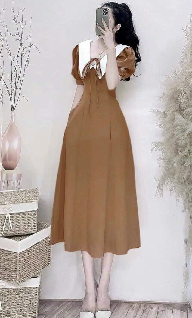 (SHOP TÁO ĐỎ BIGSIZE nữ 50kg đến 90kg)ĐẦM MIDI TIỂU THƯ CỔ SƠ MI