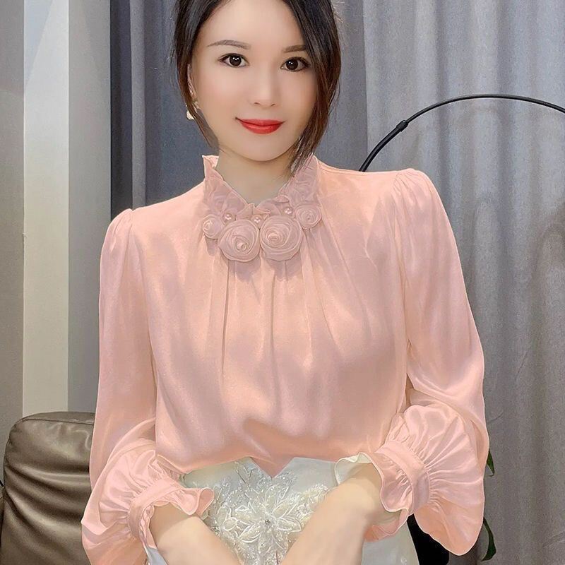 Áo Sơ Mi Chiffon Satin Dài Tay Màu Hồng Hoa Hồng Cho Nữ Mùa Thu Thiết Kế Áo Sơ Mi Tay Lỡ Cổ Đứng Rộn
