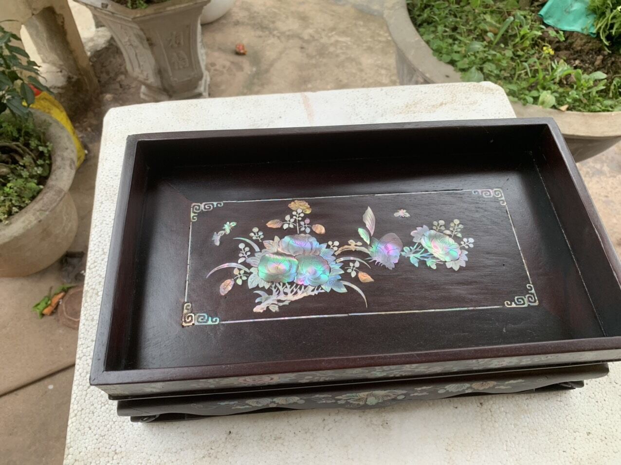 Khay trà gỗ gụ khảm cảnh 35x20cm