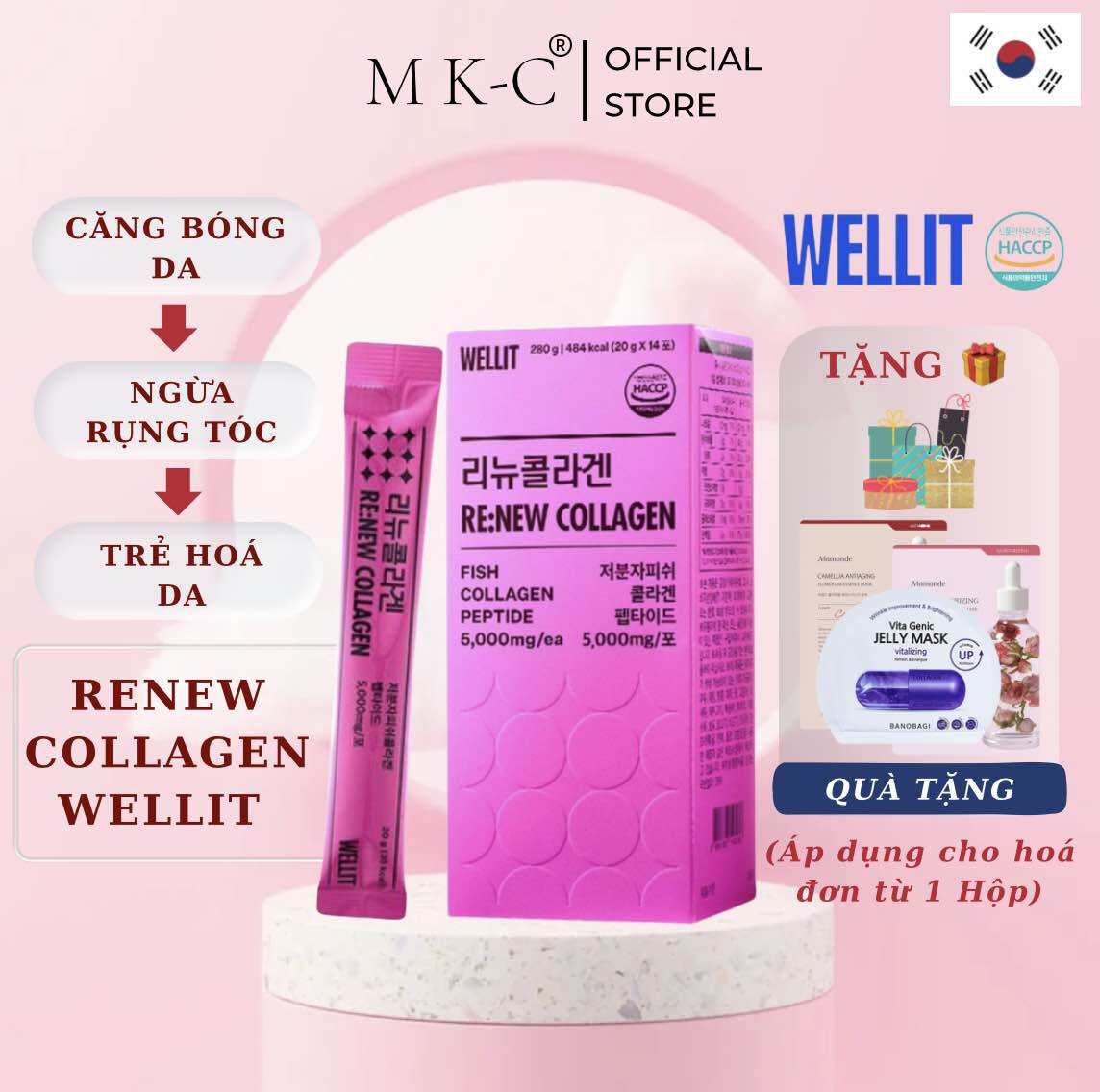 [Chính hãng] Collagen WELLIT gói 5000mg peptide cá, ngừa nếp nhăn, hộp 14 gói dạng nước.