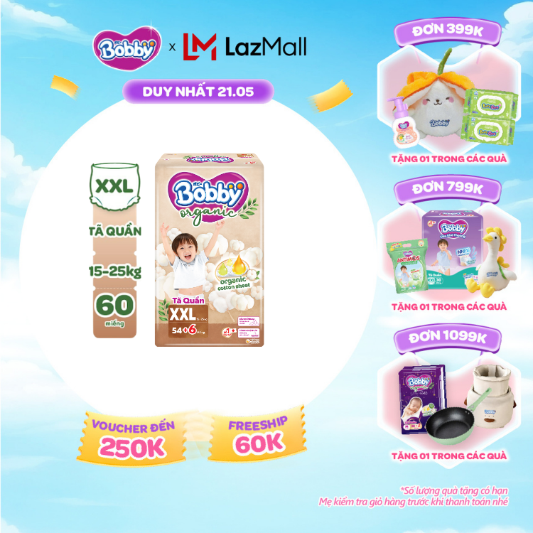 [SALE CUỐI THÁNG tặng QUÀ TO-SLCH][MỚI RA MẮT] [TẶNG KÈM 6 MIẾNG] Tã quần cao cấp Bobby Organic chăm sóc dịu nhẹ từ thiên nhiên XXL54