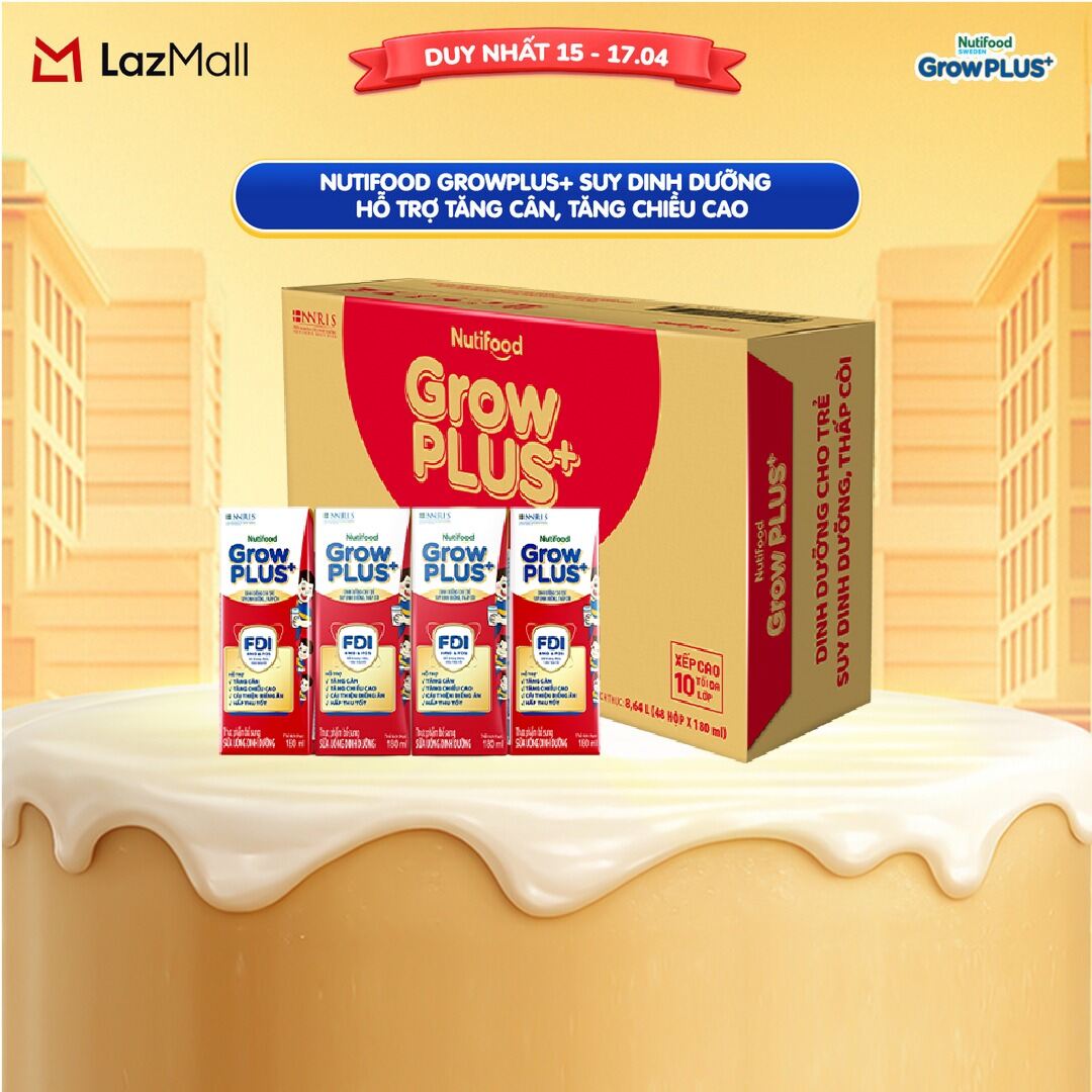 Thùng Sữa Nước Pha Sẵn Nutifood GrowPLUS+ Suy Dinh Dưỡng - Hỗ Trợ Tăng Cân, Tăng Chiều Cao - Trên 1 tuổi -  (48 Hộp x 180ml) (Bao bì tùy đợt nhập hàng)