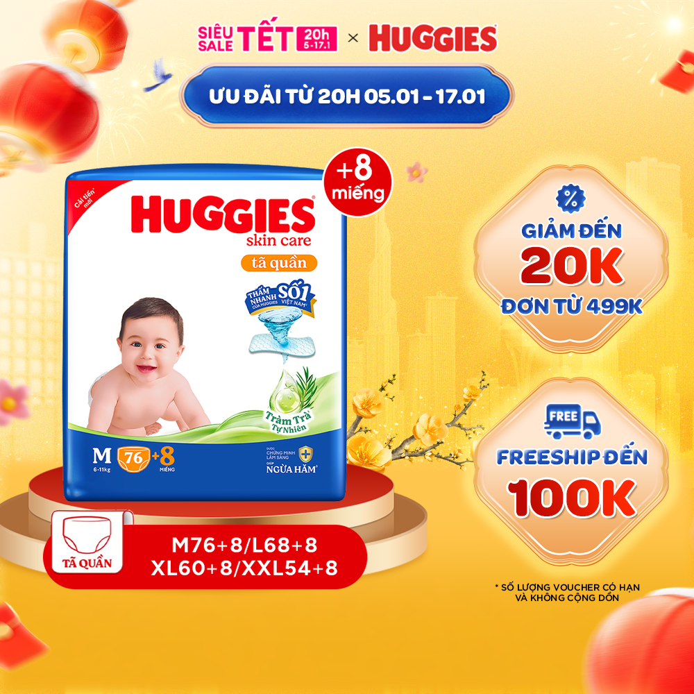 Tã/bỉm quần HUGGIES SKINCARE gói M76+8/L68/XL60/XXL54