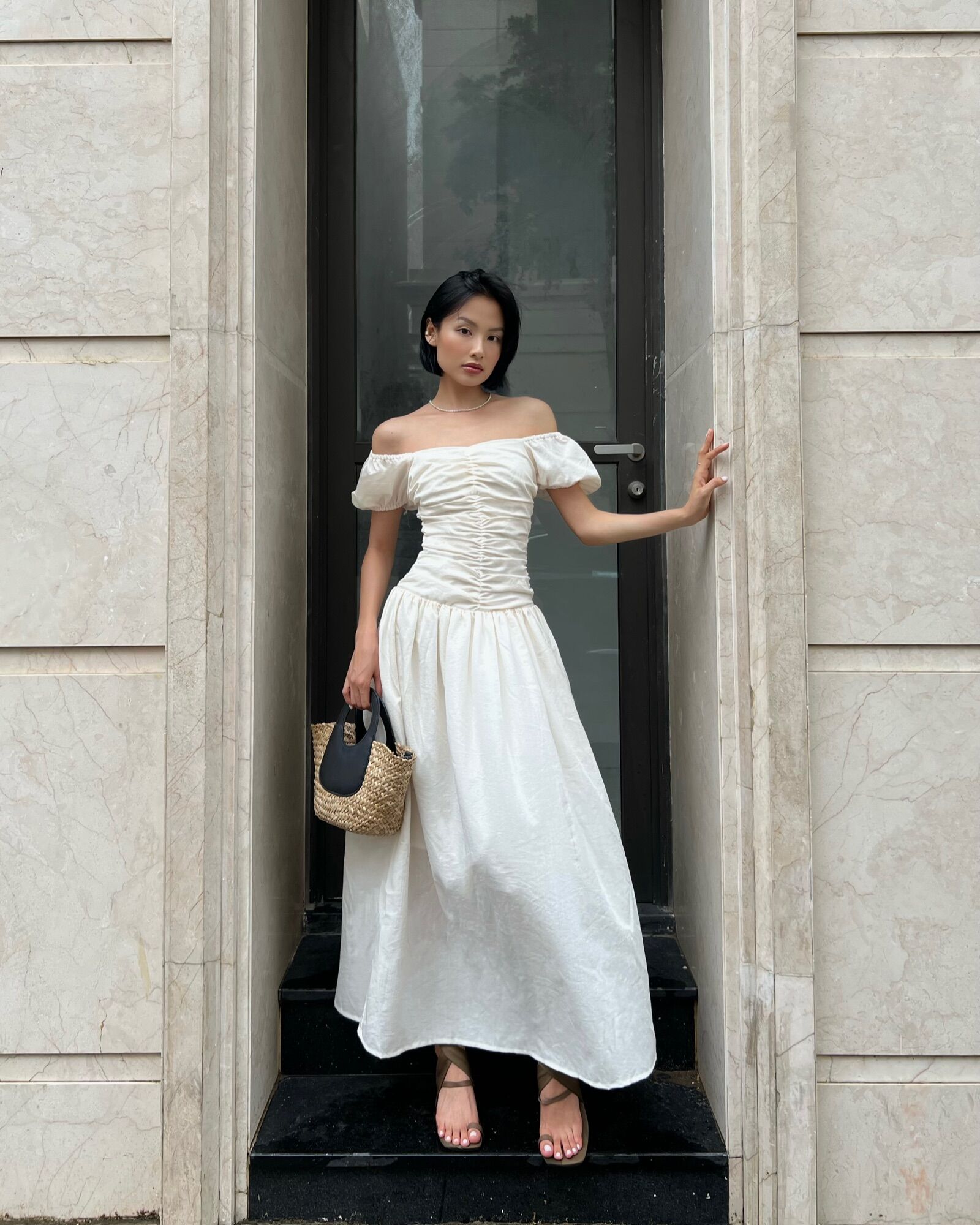 SAP-Đầm tay phồng linen xếp ly