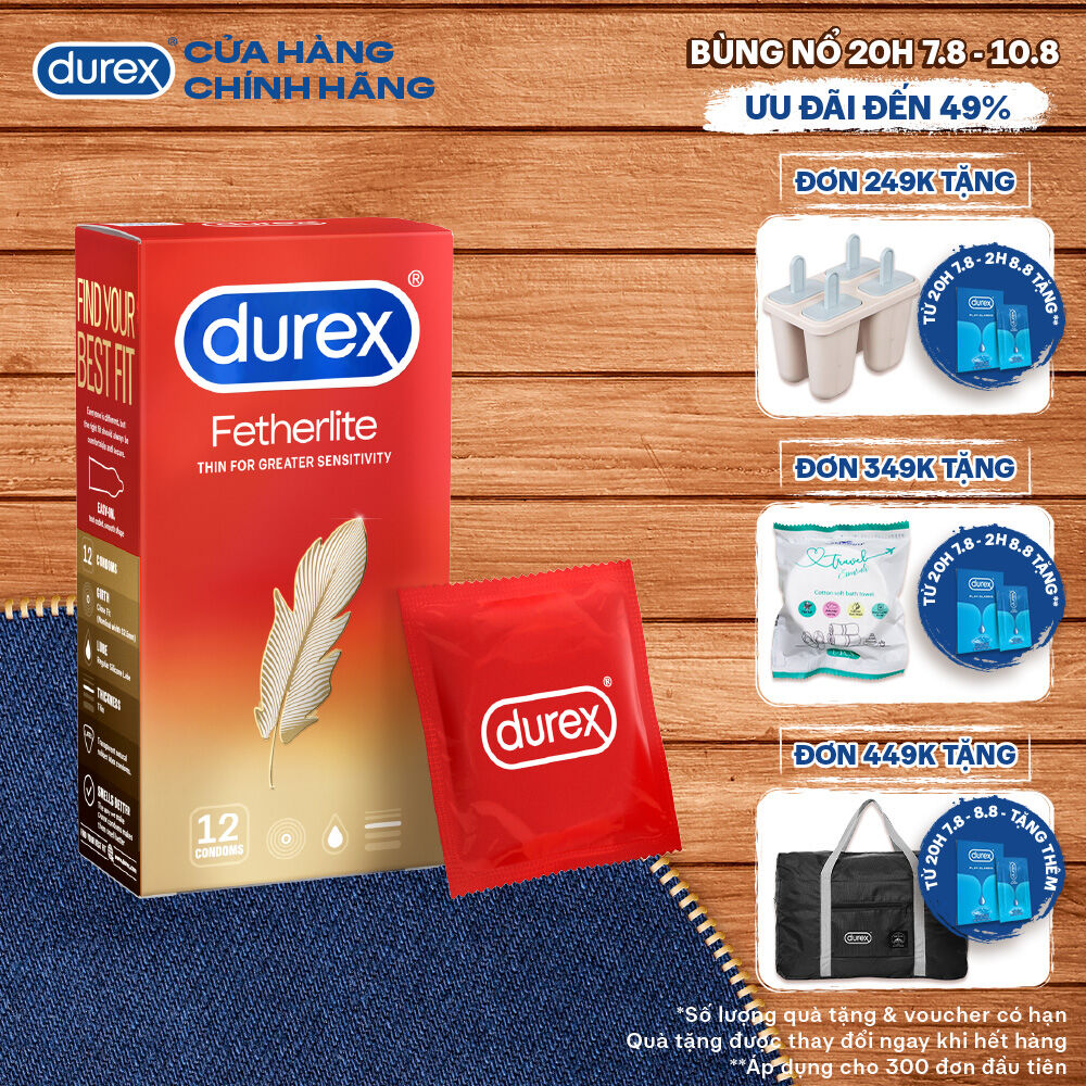 Bao cao su Durex Fetherlite siêu mỏng, size 52.5mm, 12 bao/hộp