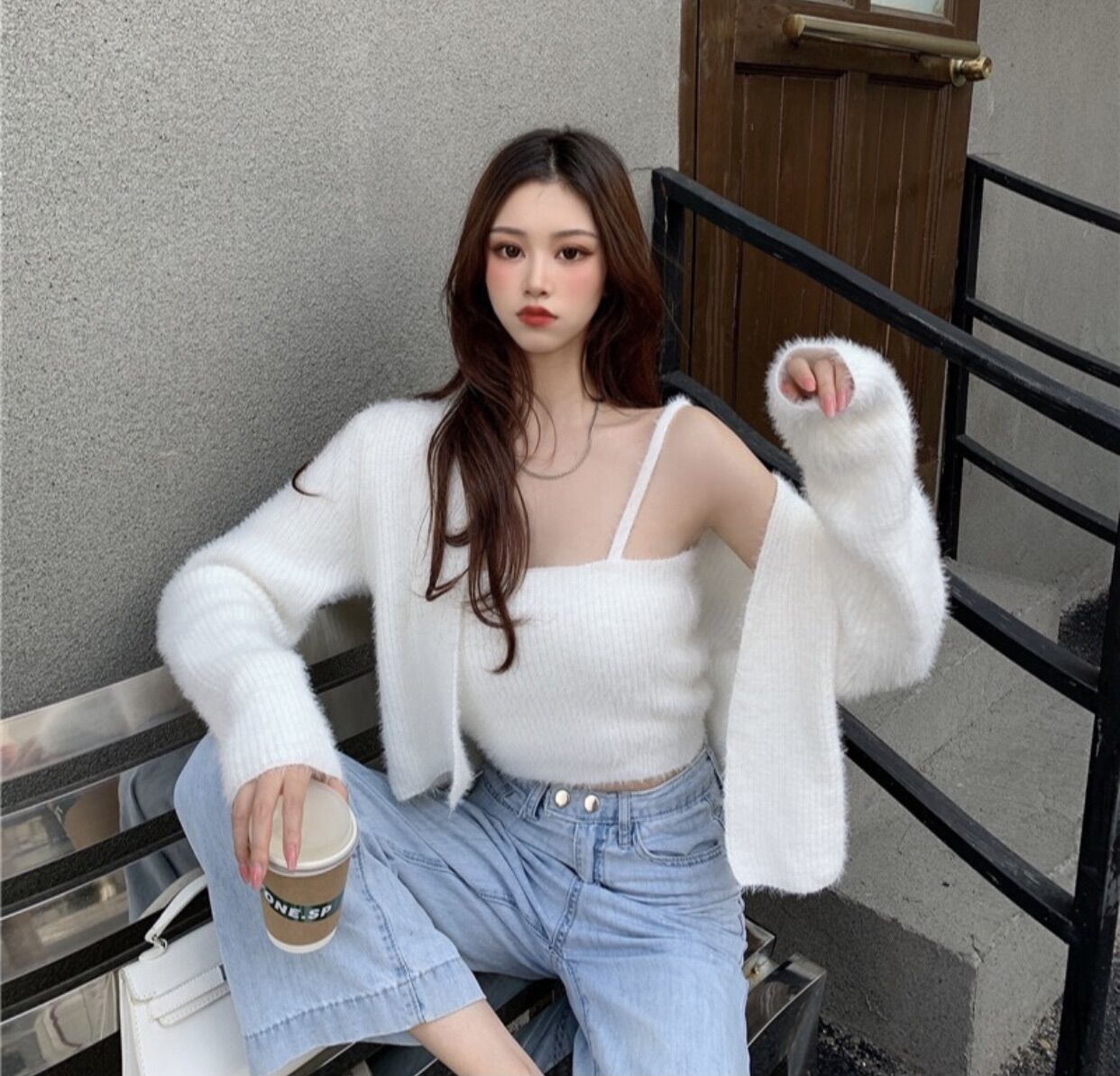 Sét áo len hai dây mix cardigan