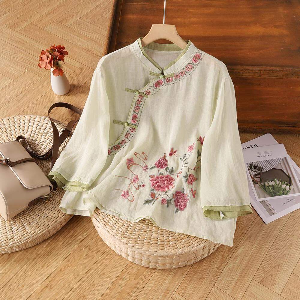 Lieoyuarn | Áo Blouse Thêu Phong Cách Trung Quốc Tay Ba Phân