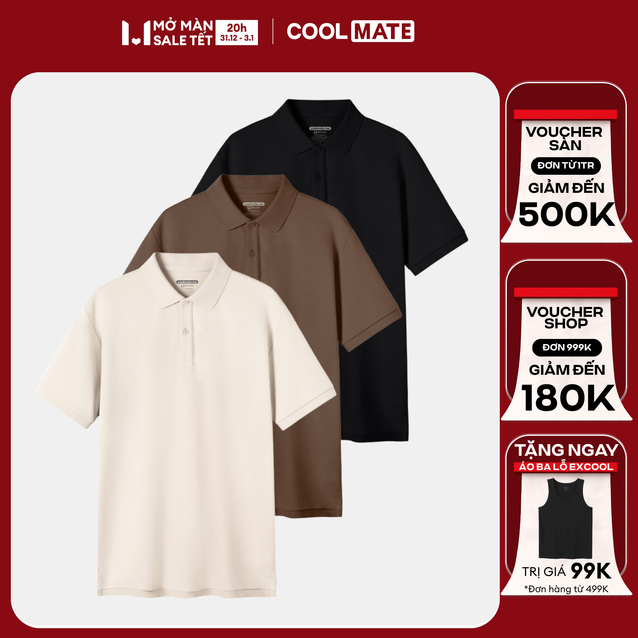   DUY NHẤT 20h 31.12-3.1 TẶNG QUÀ ĐƠN TỪ 299K Pack 3 áo Polo nam Pique 100% Cotton bền màu - Coolmate 