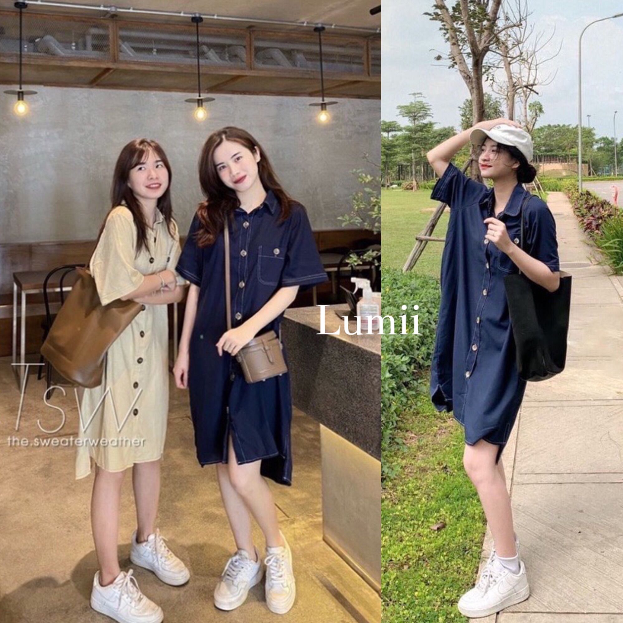 Đầm váy sơ mi chỉ nổi cộc tay dáng suông dài - Lumii