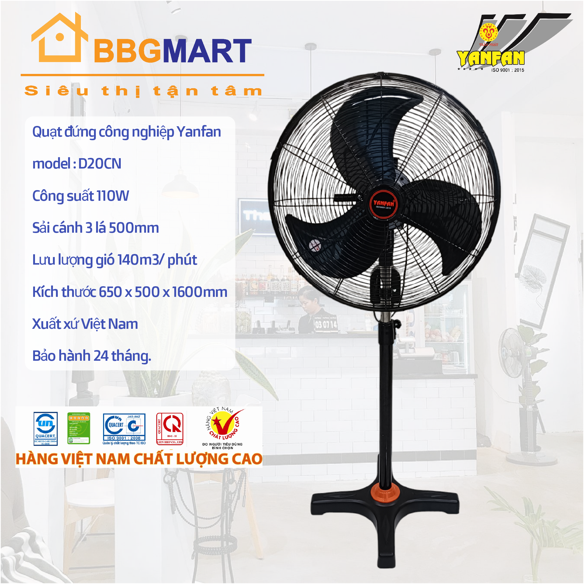 Quạt đứng công nghiệp Yanfan D20CN 110W cánh 500mm gió mạnh vượt trội