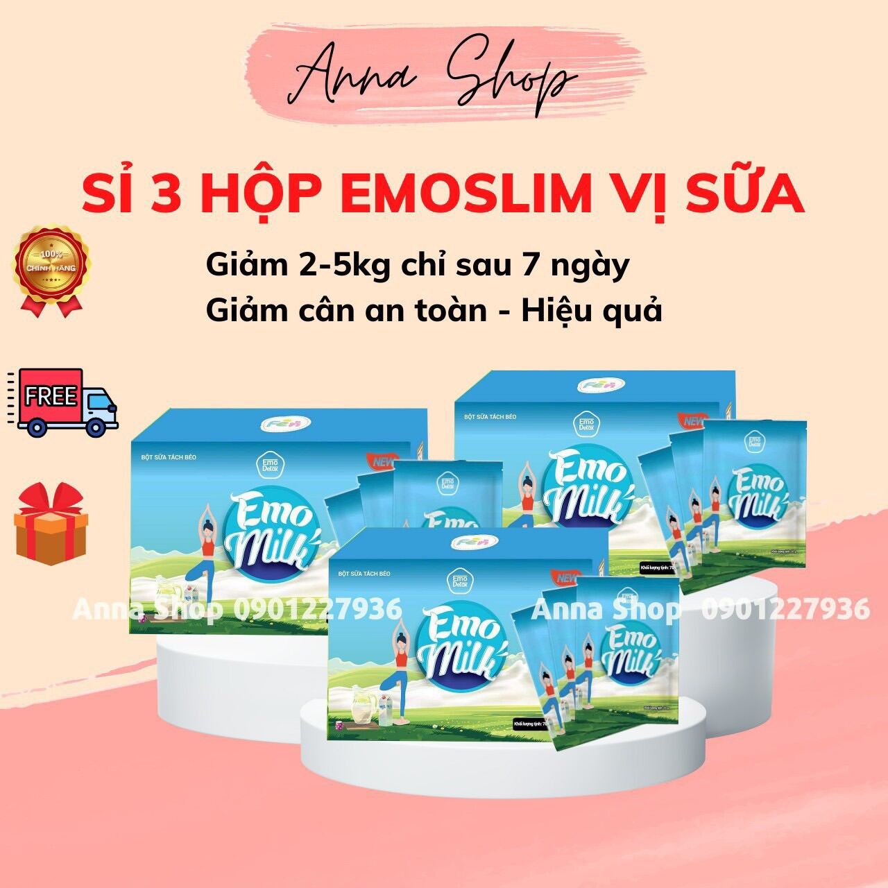 [Emoslim Chính Hãng] Sỉ 3 Hộp Sữa Tách Béo Emoslim/ Tặng kèm chai đựng 100ml/ An Toàn Hiệu Quả