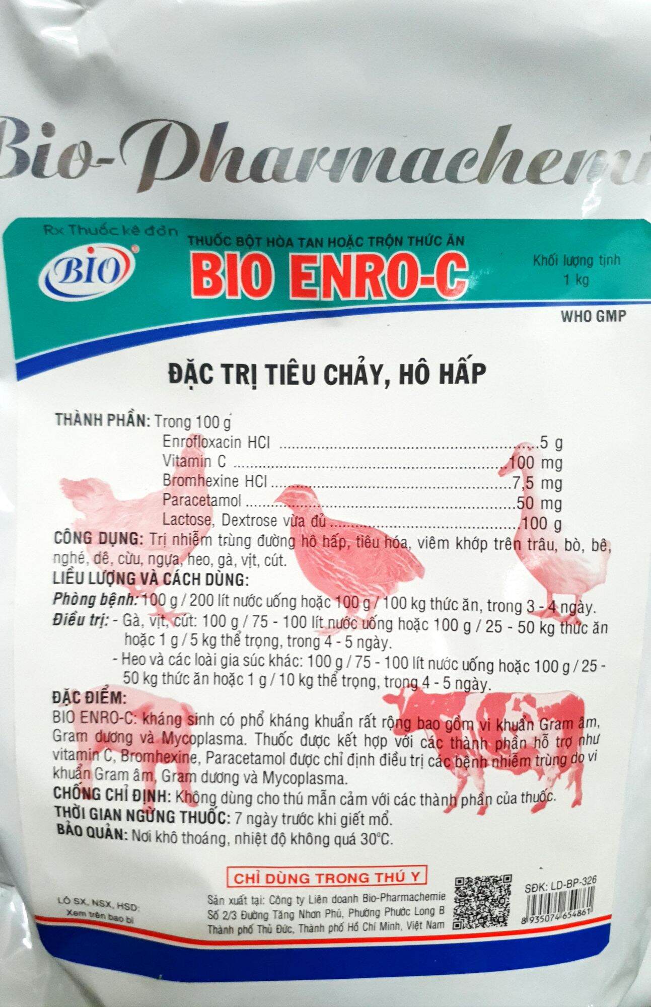 Bio ENRO C - Enrofloxacin đặc tr.i. tiêu chảy, hô hấp cho gà đá, vịt, cút, heo, bò