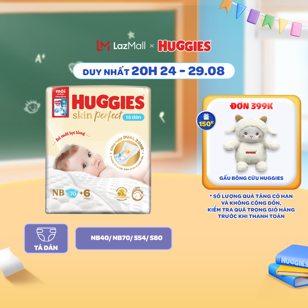 Tã/bỉm dán sơ sinh huggies skin perfect nb/s với 2 vùng thấm giảm kích ứng da