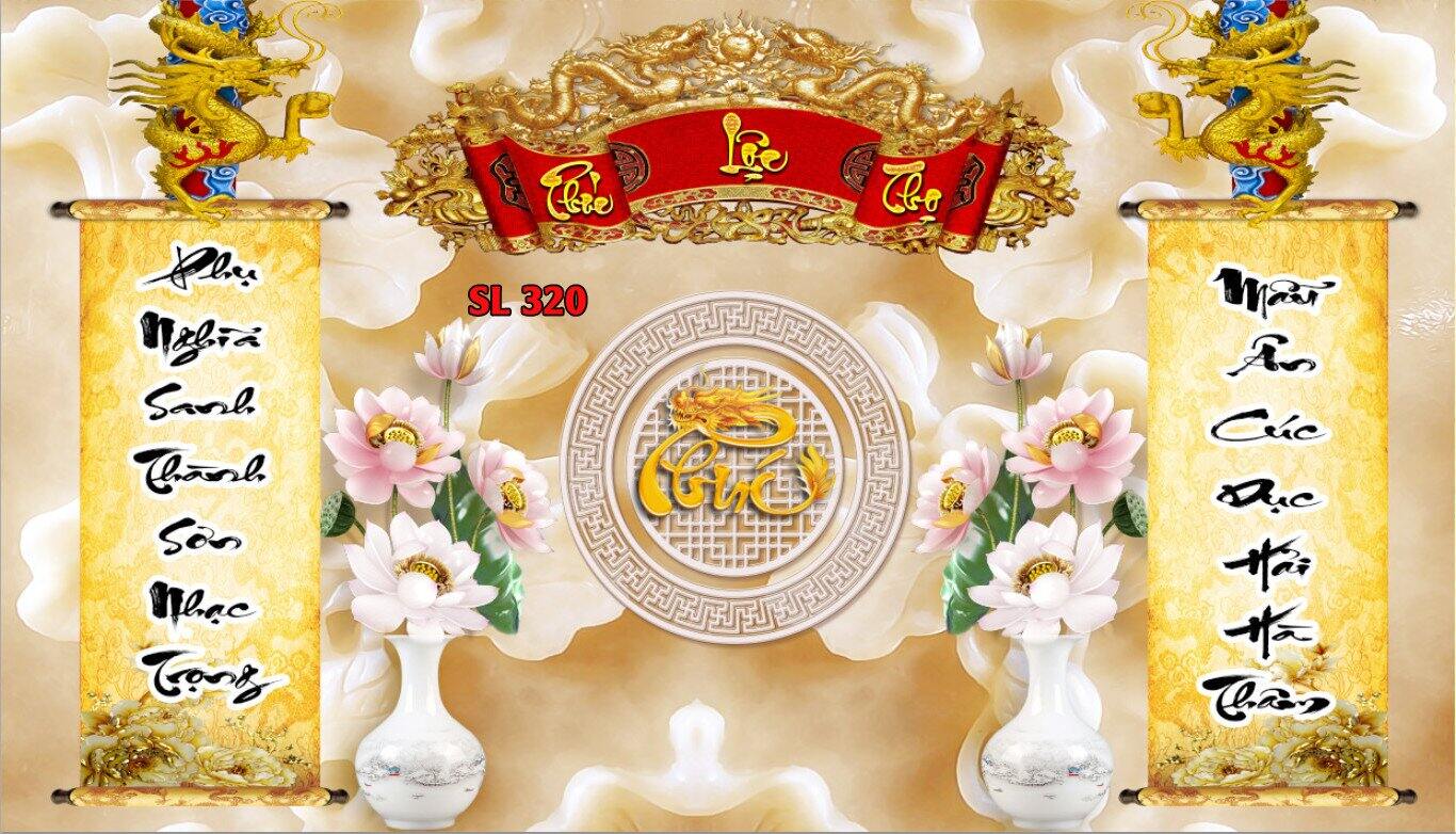 Tranh dán tường 3d dán bàn thờ ông bà chữ Phúc Lộc Thọ SL320 - Tranh dán phòng thờ gia tiên - Tranh cuốn thư câu đối bàn thờ