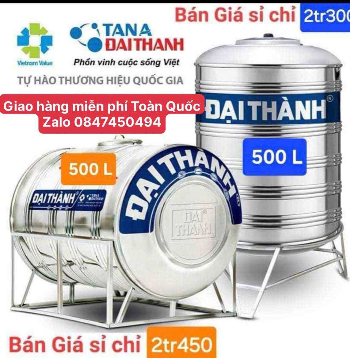 Bồn nước đại thành 500 lít đứng ngang cao cấp 304 không gỉ đựng nước giao hàng miễn phí Toàn Quốc