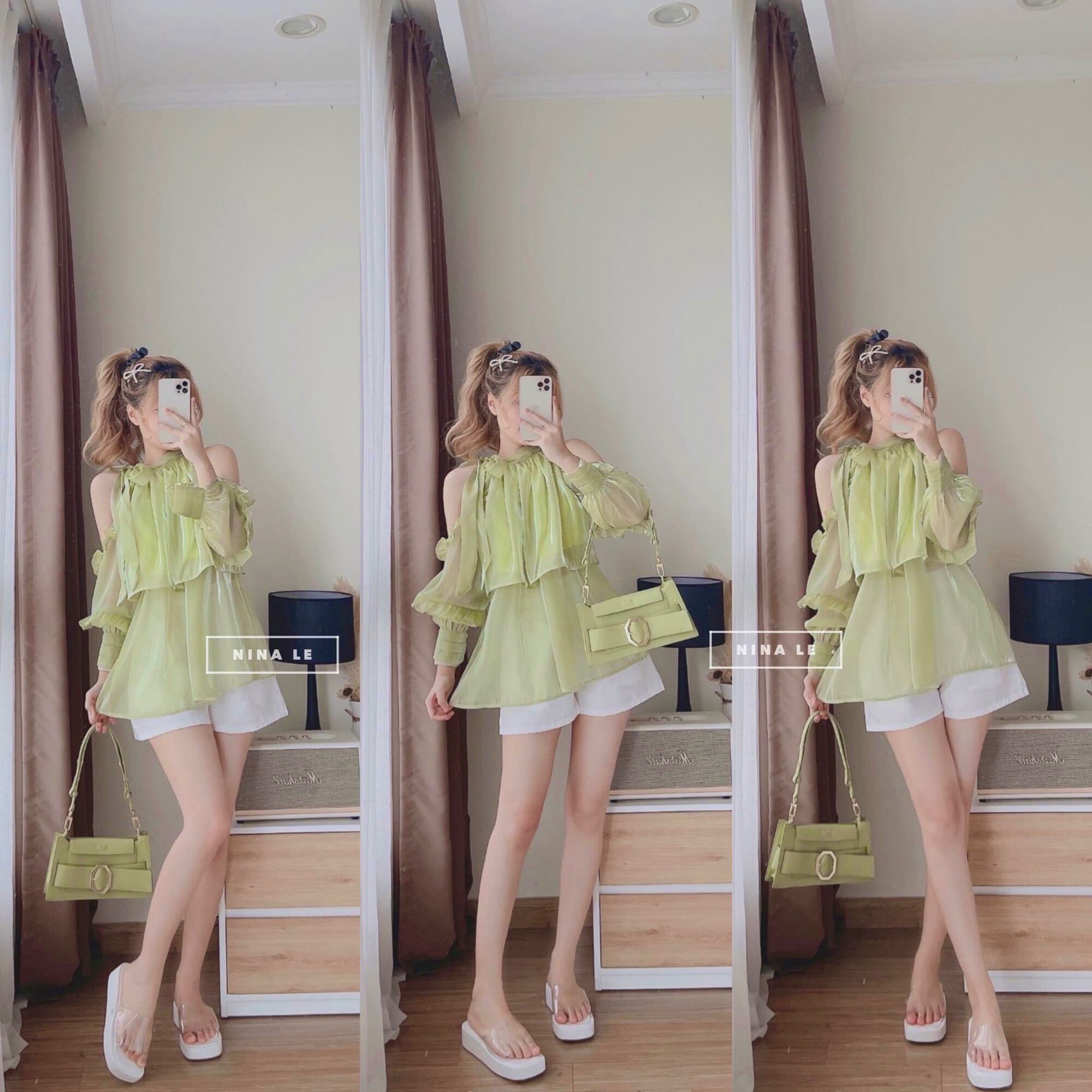 Sét áo hở vai bèo tiểu thư kèm quần sooc trl03