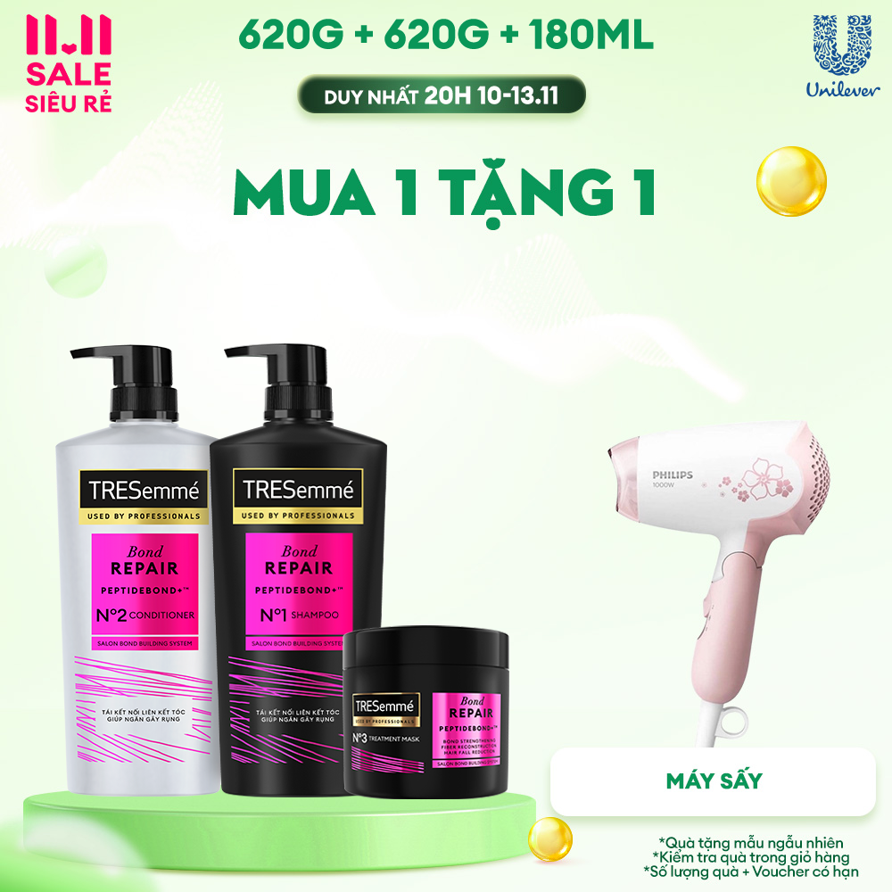 Combo Dầu Gội Dầu Xả Kem Ủ TRESemmé Bond Repair Peptidebond+ 640g 620g 180ml Cho Tóc Hư Tổn Giúp Ngă