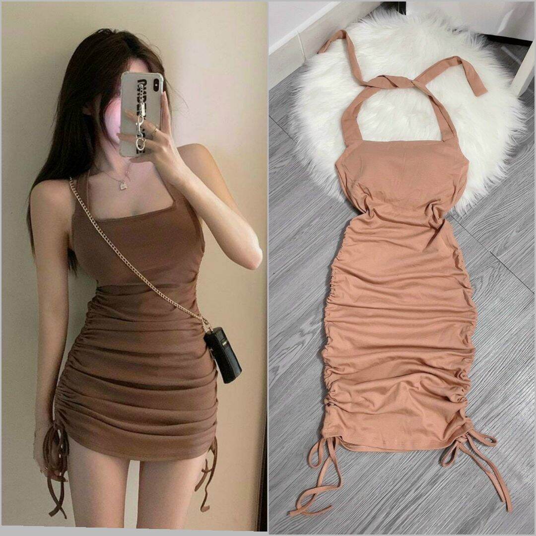 Đầm Body Cột Dây Hở Lưng Rút Dây Sườn