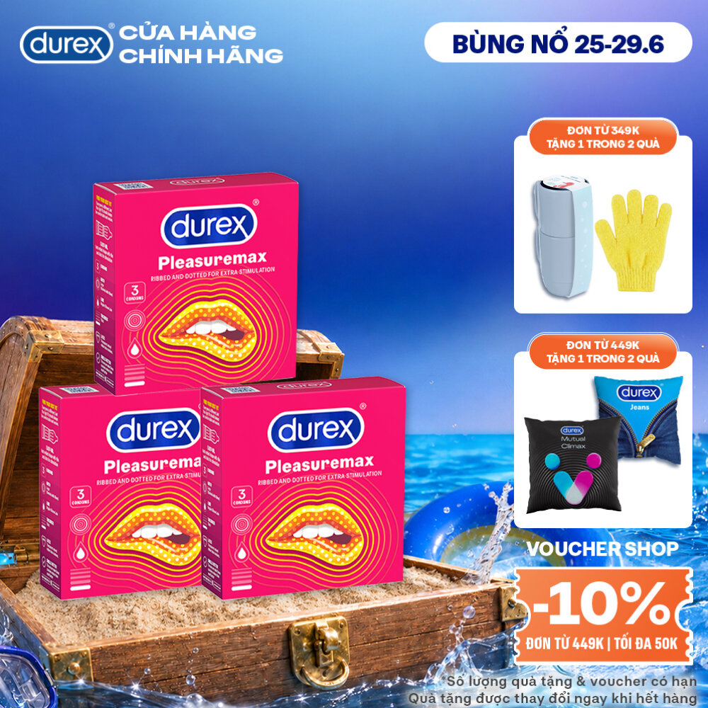 Combo 3 bao cao su Durex Pleasuremax gân gai tăng khoái cảm (size 56mm, 3 bao/hộp)