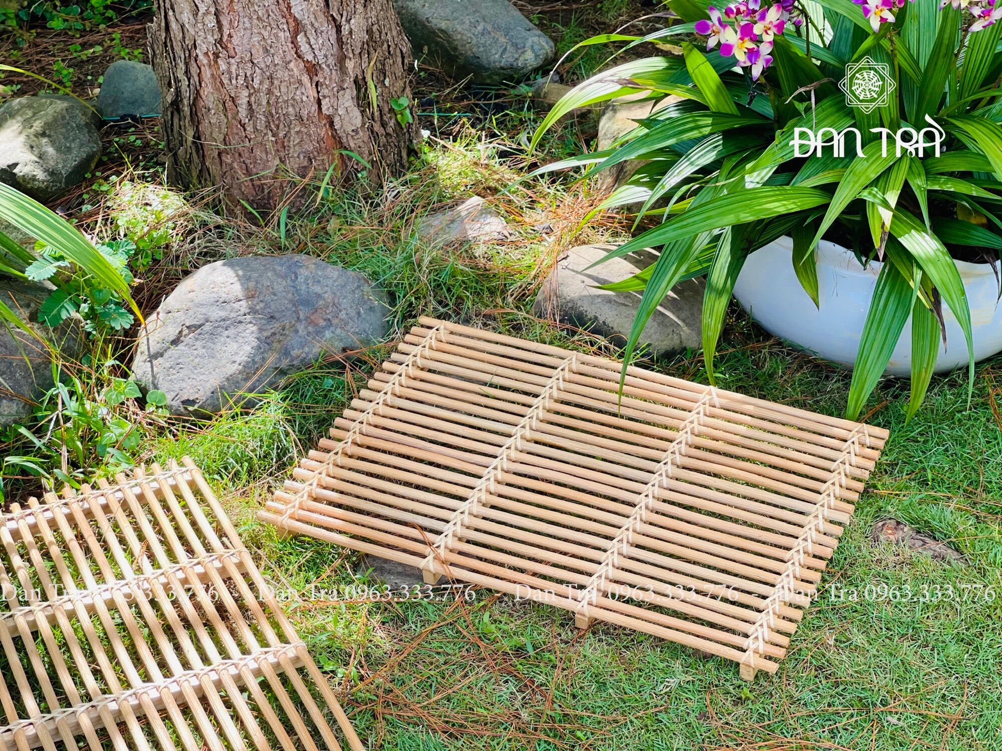 Khay mây sọc caro chữ nhật đan trà - decor mây tre đan