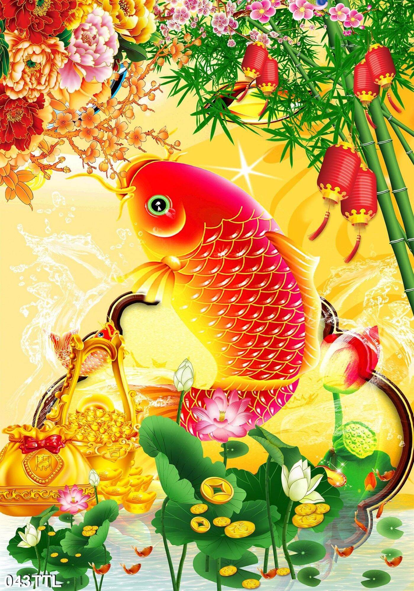 Tranh dán tường 3d cá chép hoa sen 043ttl - tranh tài lộc
