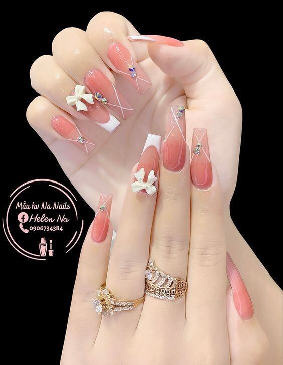 Móng tay giả đính nơ bộ 14 móng tặng combo 6 món phụ kiện