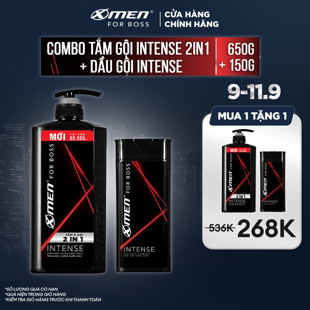 MUA 1 TẶNG 12122.12 Combo Tắm gội Xmen For Boss Intense 650g Dầu gội Xmen For Boss Intense 150g