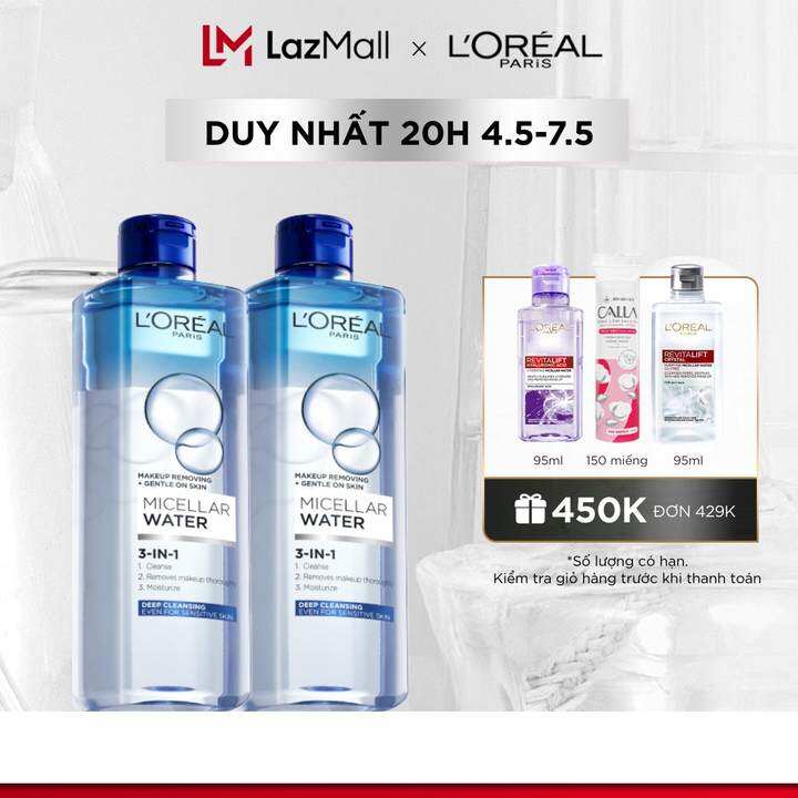Bộ 2 nước tẩy trang đa năng Micellar Water 3-in-1 làm sạch sâu L’Oreal Paris 400mlx2 (xanh dương đậm) – virtual