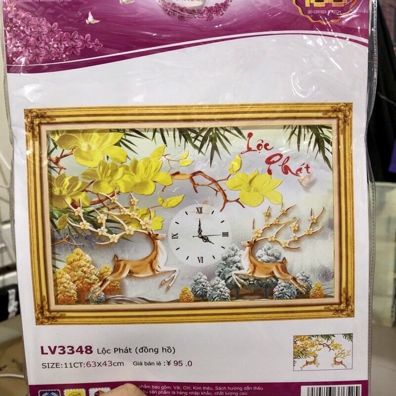 Tranh thêu chữ thập đồng hồ lộc phát / lv3348/ 63x43cm/ chưa thêu