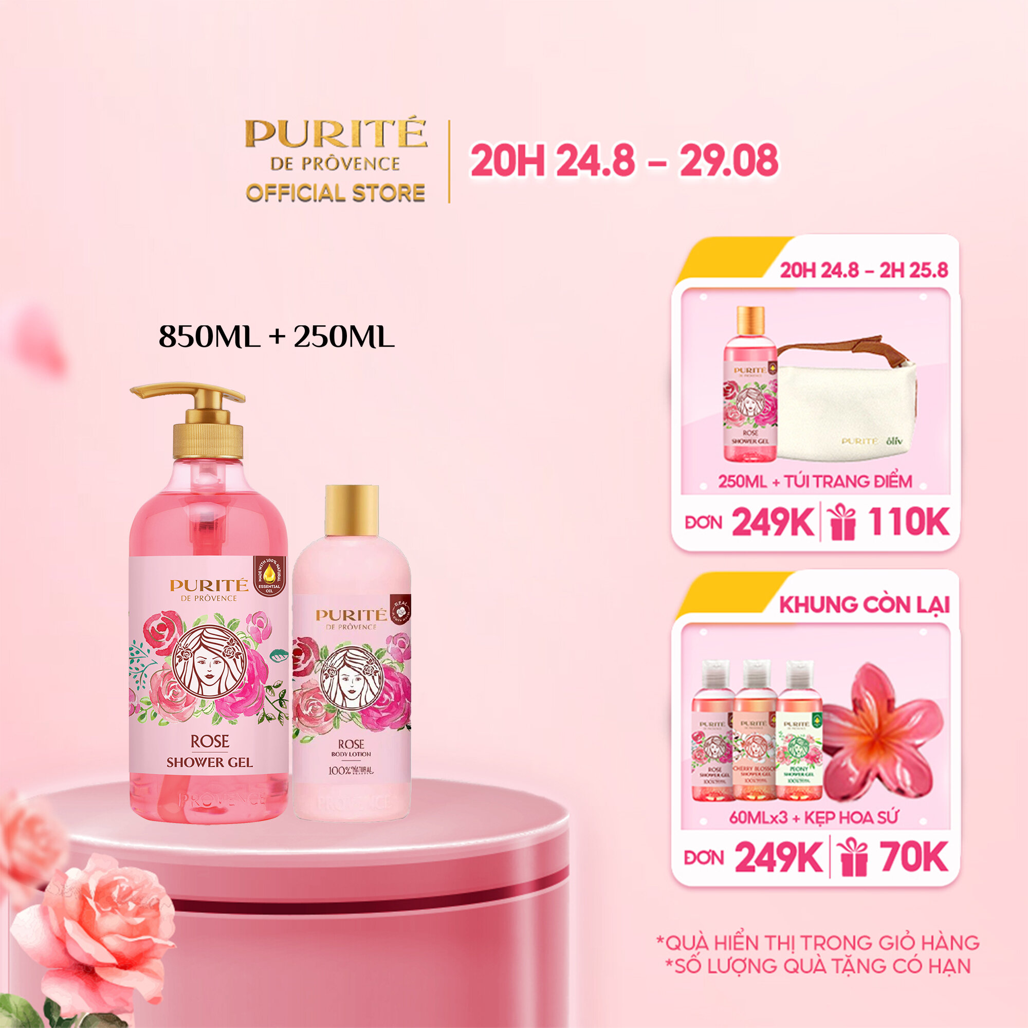 Combo sữa tắm purité hoa hồng 850ml + sữa dưỡng thể purité hoa hồng 250ml